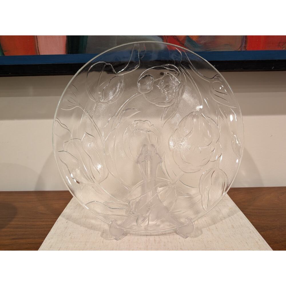 Vintage Floral Pressed Glass Platter 13” – Clear Glass – Indiana Glass Style